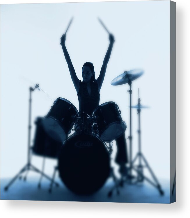 People Acrylic Print featuring the photograph Silhouette Of Woman Playing Drums by Pm Images