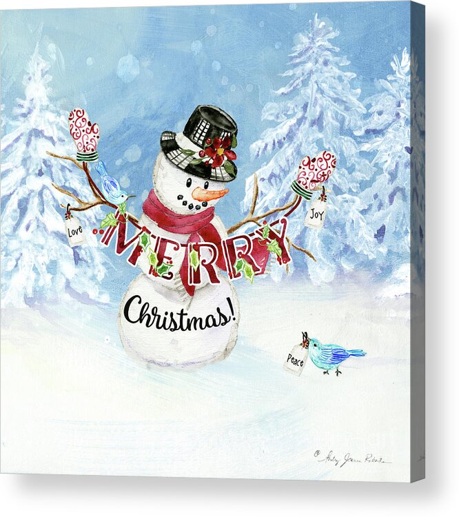 Snowman Acrylic Print featuring the painting Snowman Christmas Love Joy Peace by Audrey Jeanne Roberts