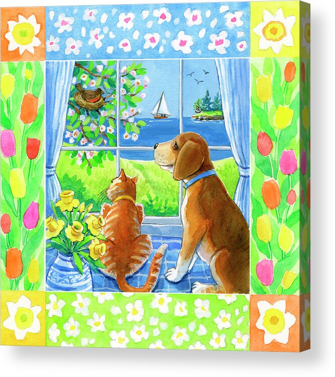 Animals Acrylic Print featuring the painting Spring Cat And Dog by Geraldine Aikman