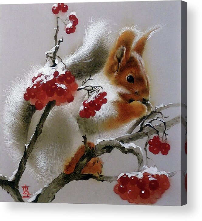 Russian Artists New Wave Acrylic Print featuring the painting Squirrel with Rowan Berries by Alina Oseeva