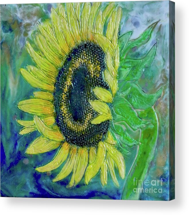 Sunflower Sun Flower Yellow Green Blue Smile Smiles Happiness Art Flower Encaustic Wax Beeswax Bee Painting Garden Happy Happiness Uplifting Spiritual Acrylic Print featuring the painting Sunflower Smiles by Amy Stielstra