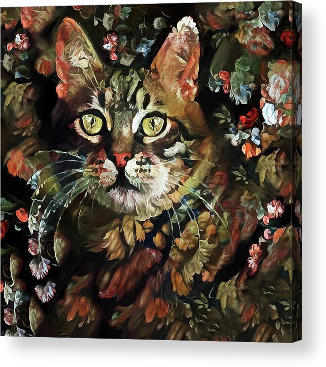 Cat Acrylic Print featuring the digital art Tabby Cat Old World Floral by Peggy Collins