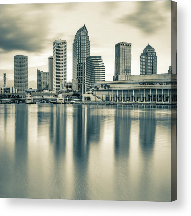 America Acrylic Print featuring the photograph Tampa Bay Skyline in Sepia 1x1 by Gregory Ballos