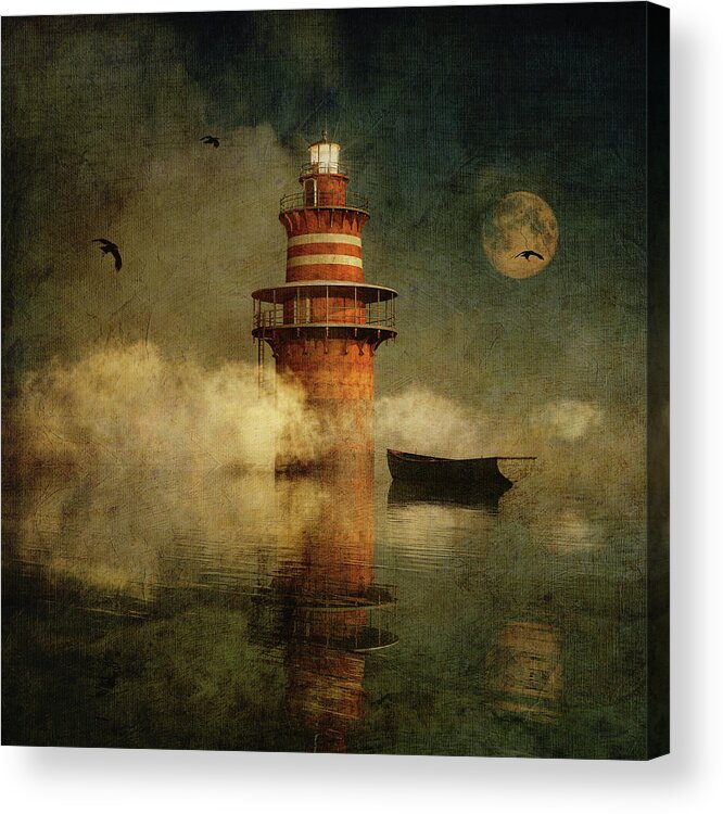 Autumn Acrylic Print featuring the digital art The lonely lighthouse in the fog with full moon by Jan Keteleer