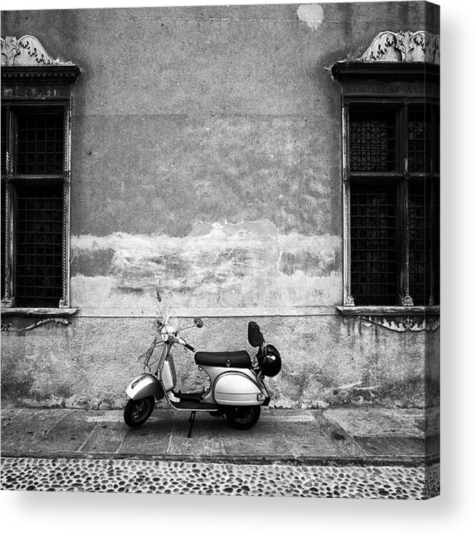Two Objects Acrylic Print featuring the photograph Vespa Piaggio. Black And White by Claudio.arnese
