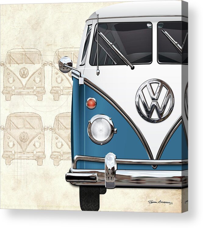 ‘volkswagen Type 2’ Collection By Serge Averbukh Acrylic Print featuring the digital art Volkswagen Type 2 - Blue and White Volkswagen T1 Samba Bus over Vintage Sketch by Serge Averbukh