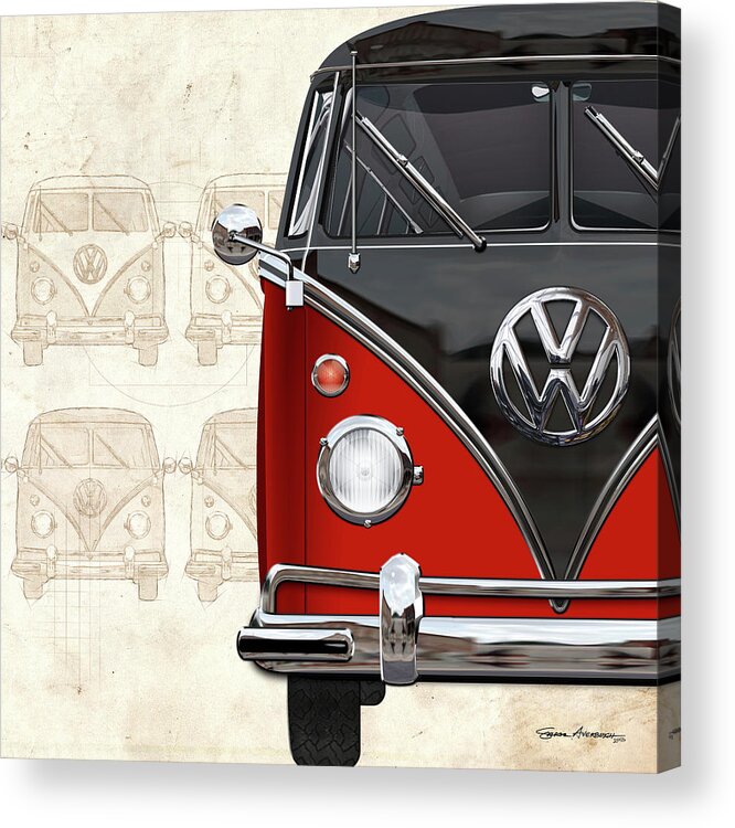 ‘volkswagen Type 2’ Collection By Serge Averbukh Acrylic Print featuring the digital art Volkswagen Type 2 - Red and Black Volkswagen T1 Samba Bus over Vintage Sketch by Serge Averbukh