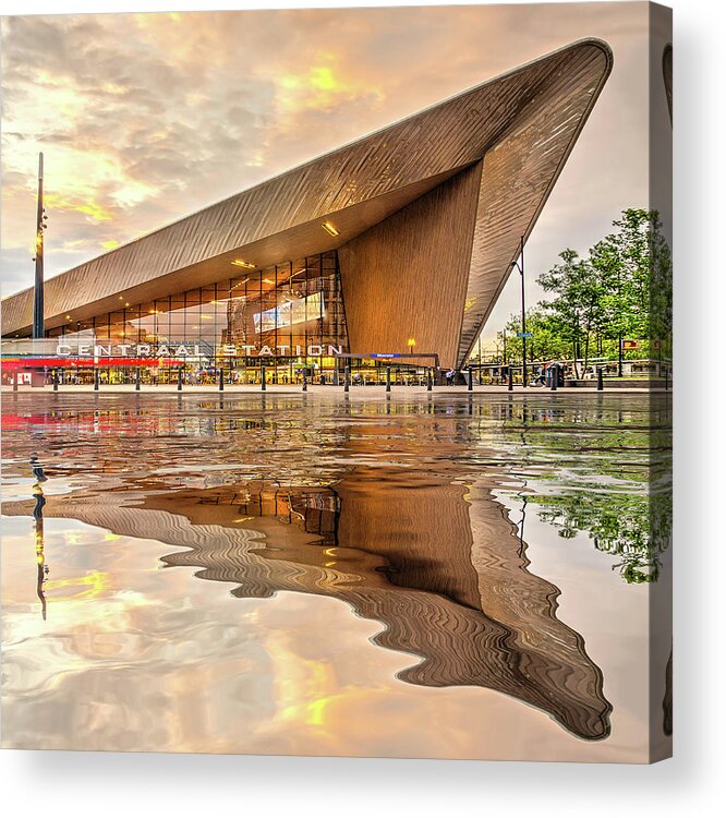 Architecture Acrylic Print featuring the digital art Water Reflection Central Station Rotterdam by Frans Blok