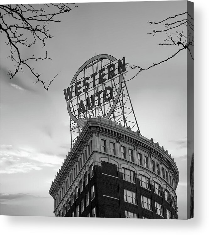 America Acrylic Print featuring the photograph Western Auto Neon Sign at Sunrise - Downtown Kansas City Monochrome by Gregory Ballos