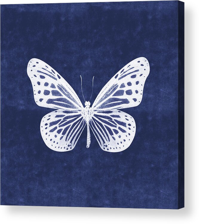 Butterfly Acrylic Print featuring the mixed media White and Indigo Butterfly- Art by Linda Woods by Linda Woods