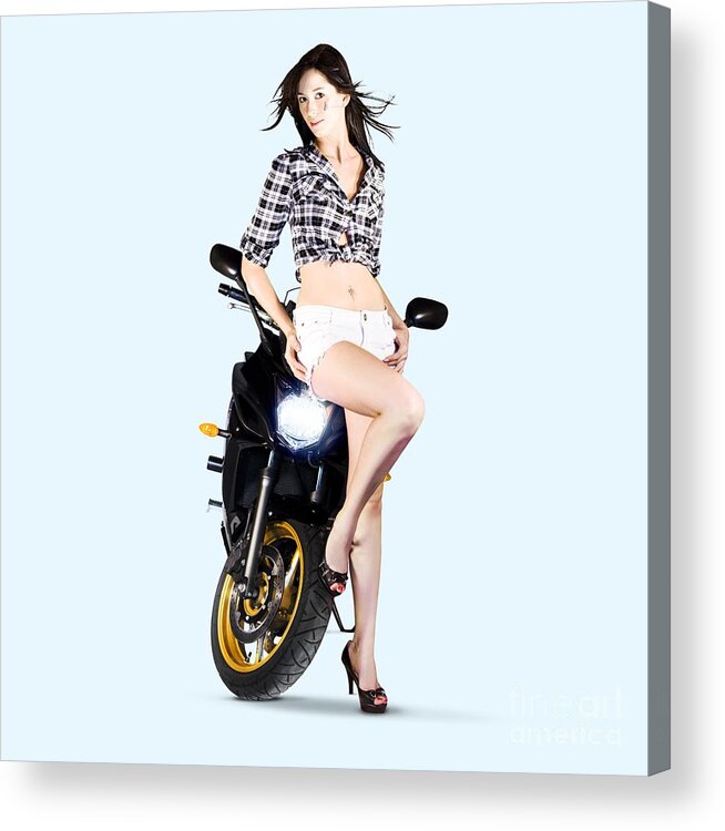 Motorbike Acrylic Print featuring the photograph Woman Leaning On A Motorbike by Jorgo Photography
