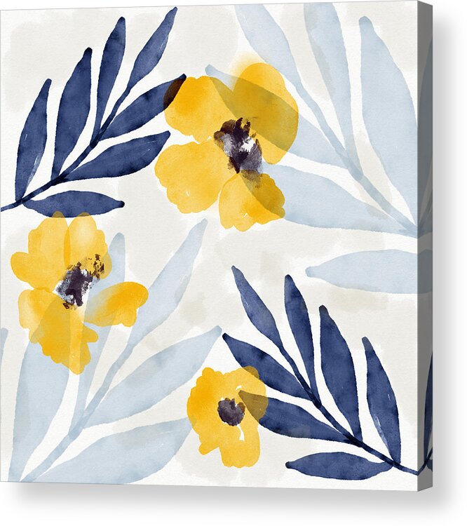 Flowers Acrylic Print featuring the mixed media Yellow and Navy 1- Floral Art by Linda Woods by Linda Woods