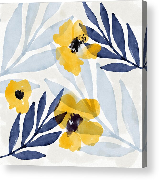 Flowers Acrylic Print featuring the mixed media Yellow and Navy 2- Floral Art by Linda Woods by Linda Woods