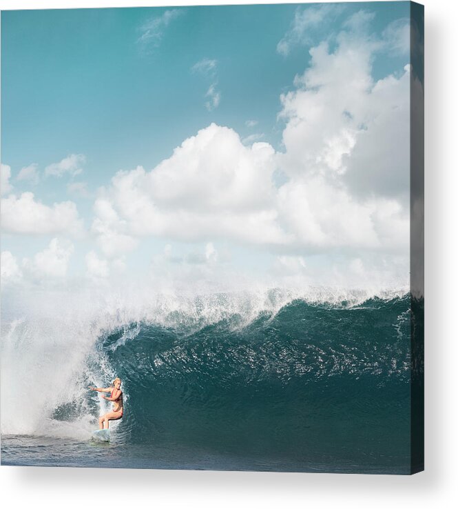 Human Arm Acrylic Print featuring the photograph Young Woman Surfing On Wave by Ed Freeman