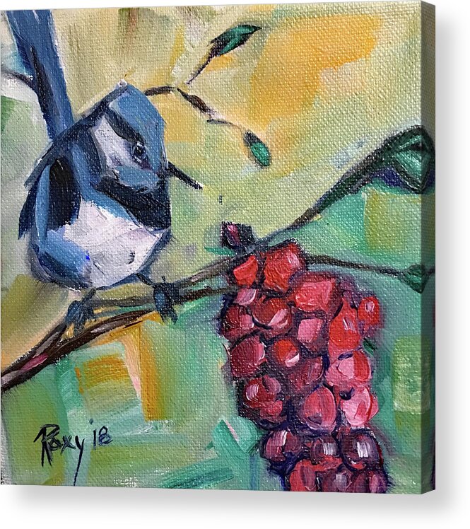 Blue Wren Acrylic Print featuring the painting Blue Wren with Grapes #2 by Roxy Rich