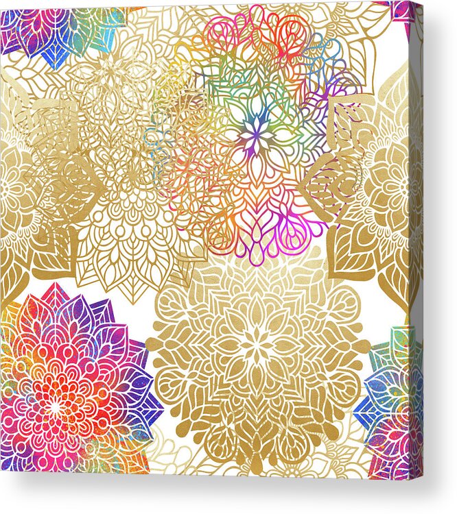 Mandala Acrylic Print featuring the digital art Colorful Gold Mandala Pattern by Sambel Pedes