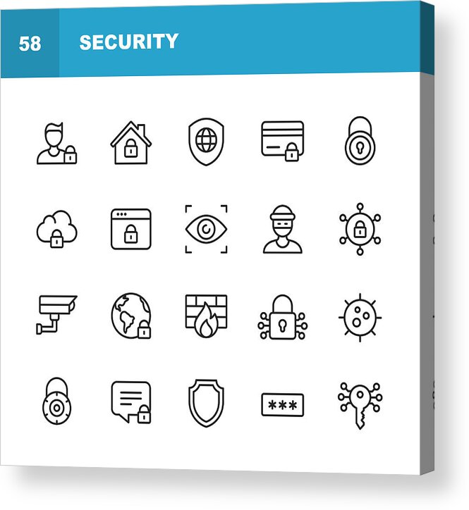Security Acrylic Print featuring the drawing Security Line Icons. Editable Stroke. Pixel Perfect. For Mobile and Web. Contains such icons as Security, Shield, Insurance, Padlock, Computer Network, Support, Keys, Safe, Bug, Cybersecurity. #1 by Rambo182