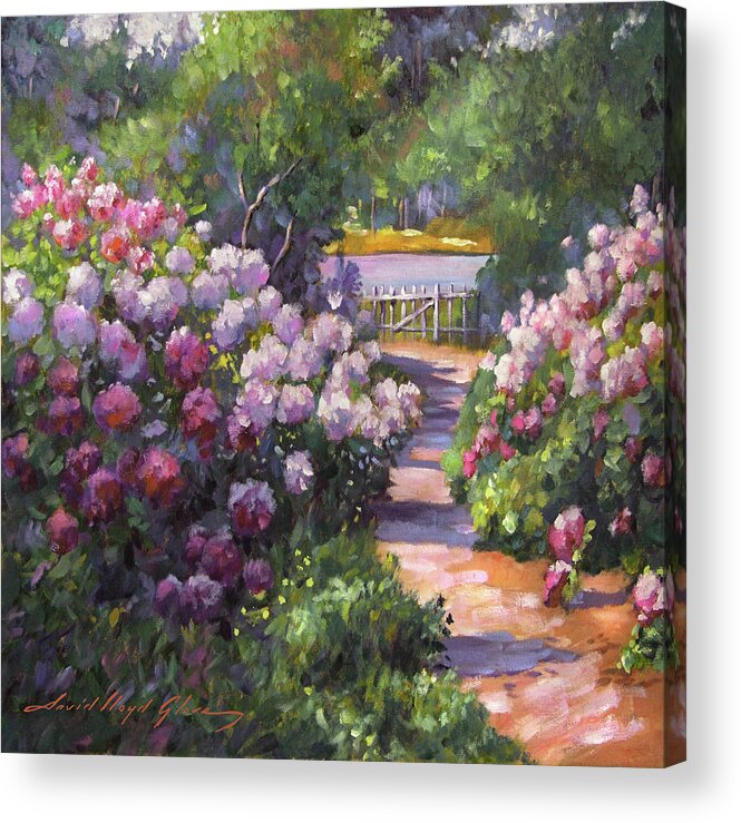 Lakeshore; Gardens; Garden Path; Sunlight; Blooms; Flowers; Spring; Trees; Sunlight; Shadows; Beauty; Impressionist; Romantic; Decorative; Dramatic; David Lloyd Glover Acrylic Print featuring the painting A Garden Walk To The Lake by David Lloyd Glover