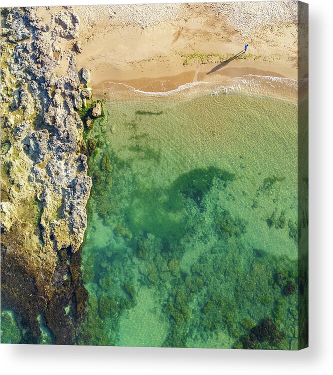 Aerial Acrylic Print featuring the photograph A stroll along the beach in summer by Mirko Chessari