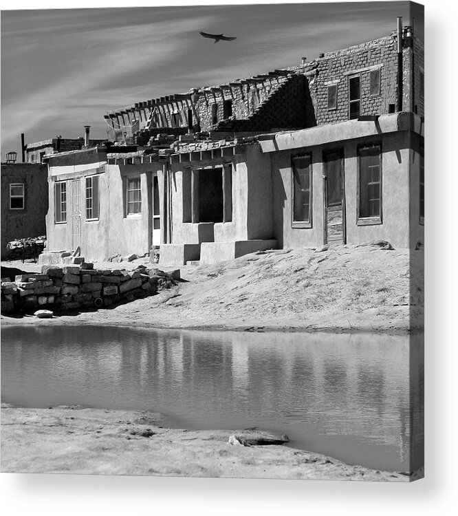 Acoma Pueblo Acrylic Print featuring the photograph Acoma Pueblo Adobe Homes B W by Mike McGlothlen