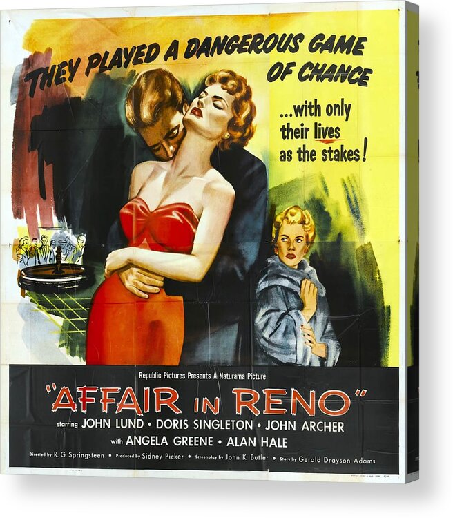 Synopsis Acrylic Print featuring the mixed media ''Affair in Reno'', 1957 by Movie World Posters