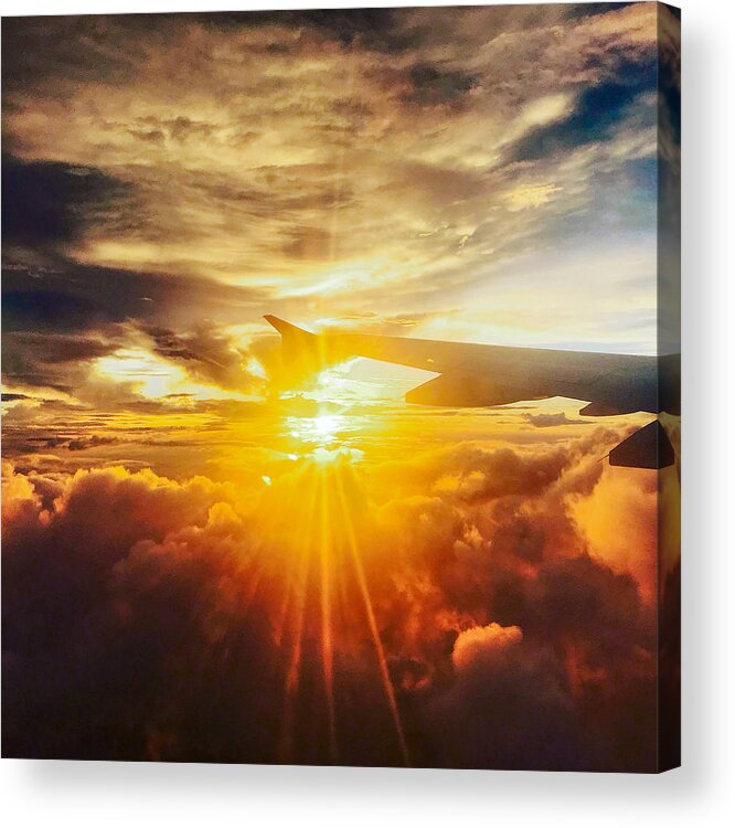 Airplane Acrylic Print featuring the photograph Airplane Wing at Sunset_Travel Well by Christine Ley