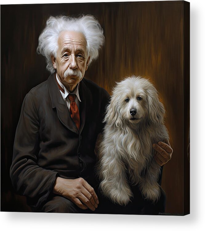 Caricature Acrylic Print featuring the painting Albert Einstein with his dog by My Head Cinema