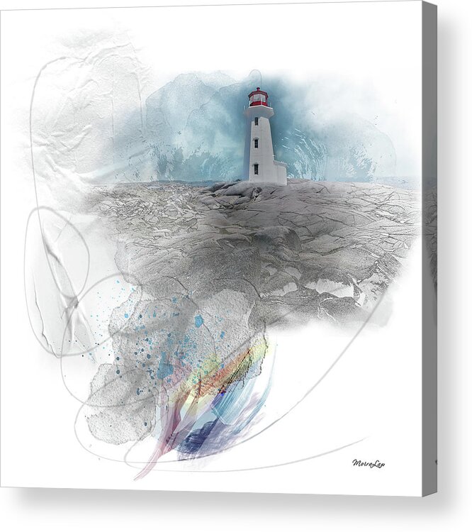 Lighthouse Acrylic Print featuring the mixed media Alone Against the Wave by Moira Law