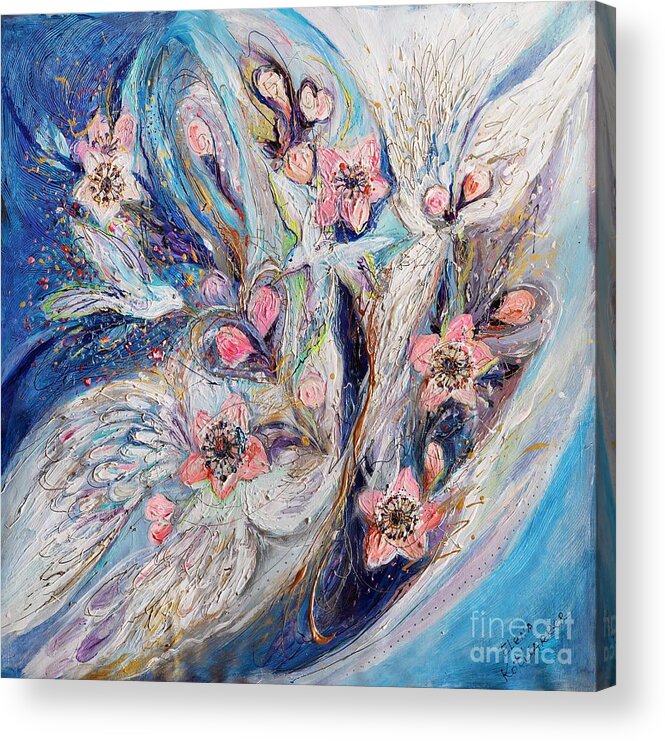 Angel Acrylic Print featuring the painting Angel Wings #22. The Blossoming on Blue by Elena Kotliarker