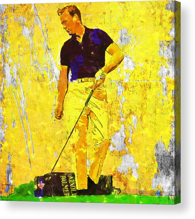 Arnold Palmer Acrylic Print featuring the painting Arnold Palmer Legend in Yellow by John Farr