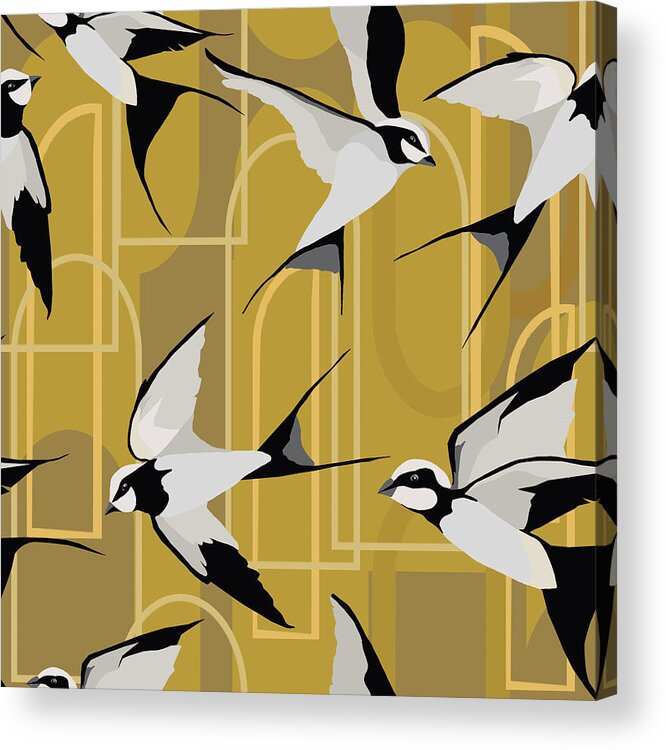 Seamless Repeat Acrylic Print featuring the digital art Art Deco Swallows on Gold by Sand And Chi