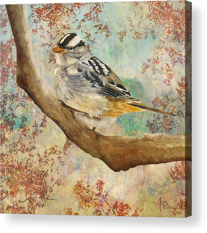 White-crowned Sparrow Acrylic Print featuring the painting Autumn Sparkles by Angeles M Pomata