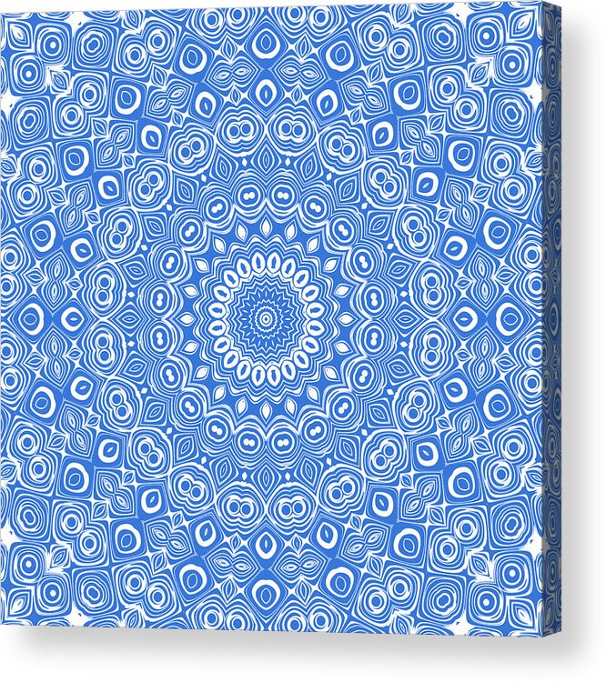 Azure Acrylic Print featuring the digital art Azure Blue on White Mandala Kaleidoscope Medallion by Mercury McCutcheon