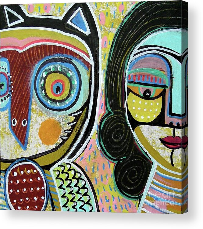  Acrylic Print featuring the painting Best Friend Owl And Curly Black Haired Girl by Sandra Silberzweig