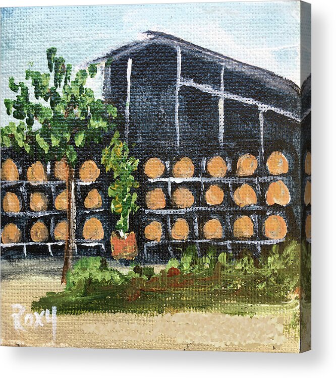 Temecula Painting Acrylic Print featuring the painting Barrel Rack at Lorenzi Estate Winery by Roxy Rich