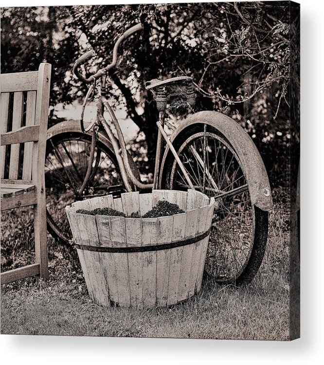 Bicycle Bench B&w Acrylic Print featuring the photograph Bicycle Bench2 by John Linnemeyer