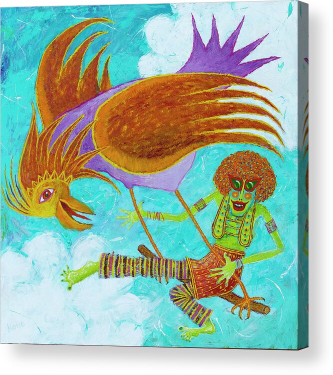 Visionary Visionaryart Art Painting 16x16 Bird Riding Sky Acrylic Print featuring the painting Bird Riding by Hone Williams