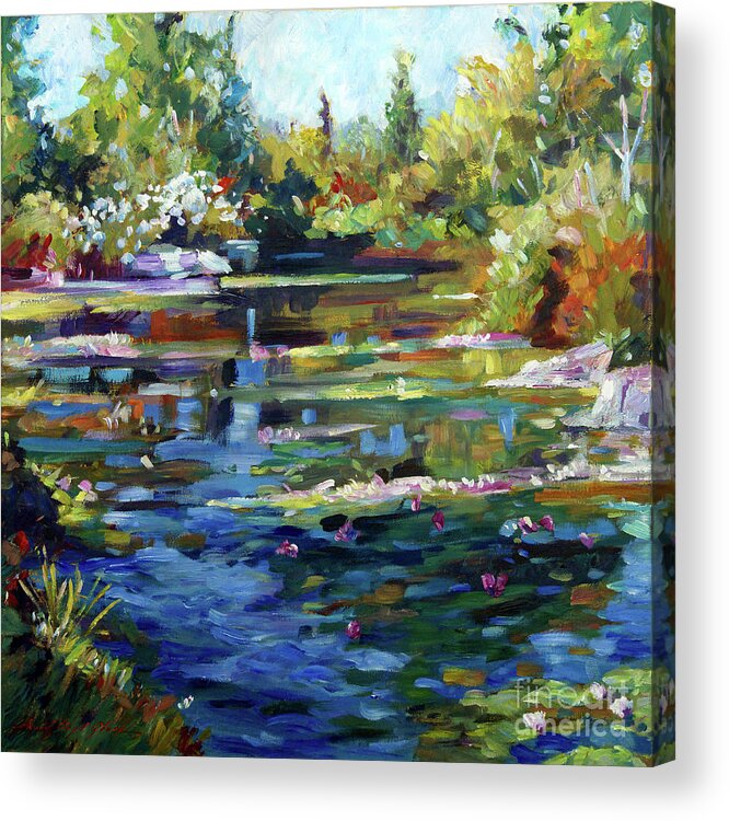 Landscape Acrylic Print featuring the painting Blooming Lily Pond by David Lloyd Glover