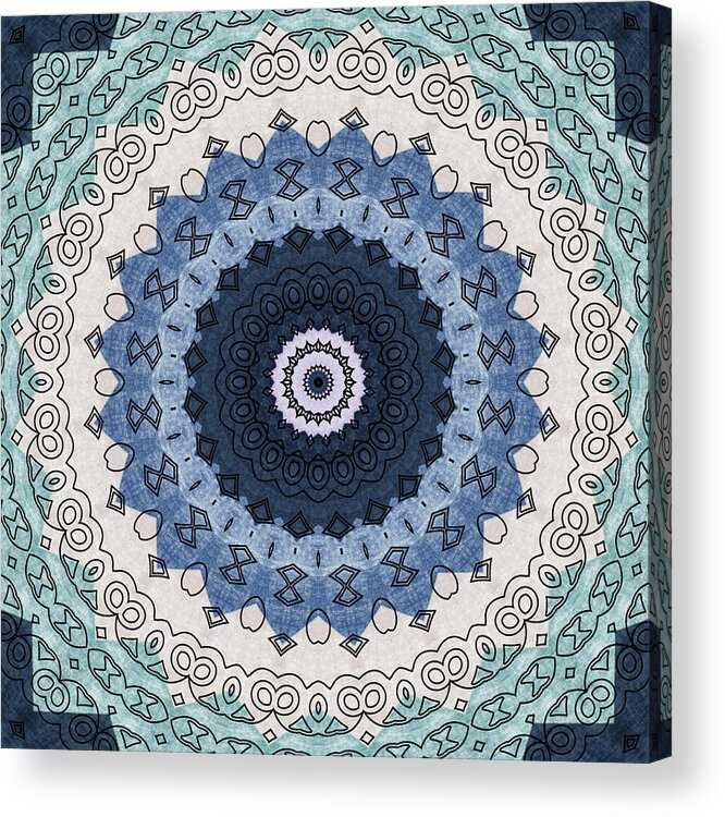 Coastal Acrylic Print featuring the mixed media Blue and beige Mandala Kaleidoscope Medallion Flower by Mercury McCutcheon