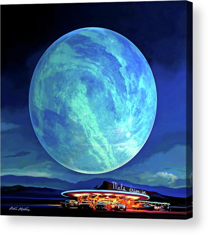 Blue Moon Acrylic Print featuring the digital art Blue Moon Over Mel's by Robin Moline