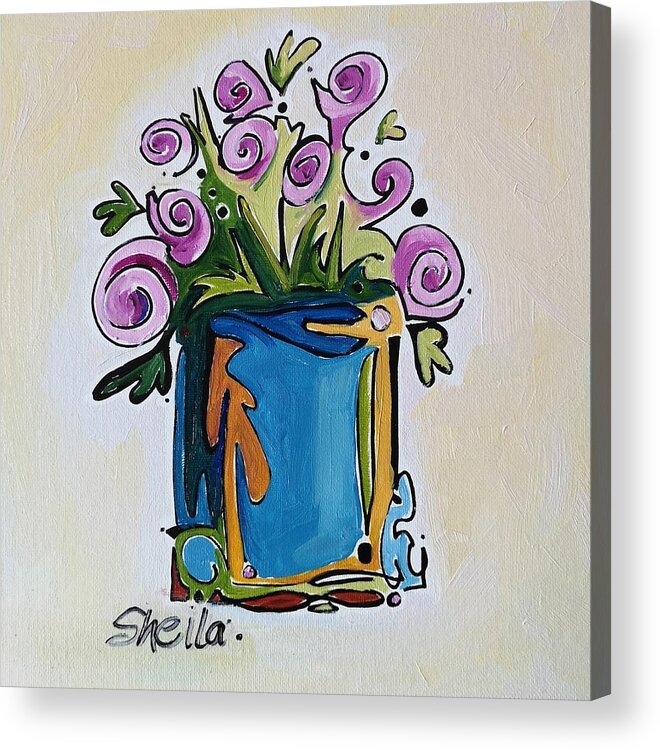 Floral Acrylic Print featuring the painting Blue Orange Vase by Sheila Romard