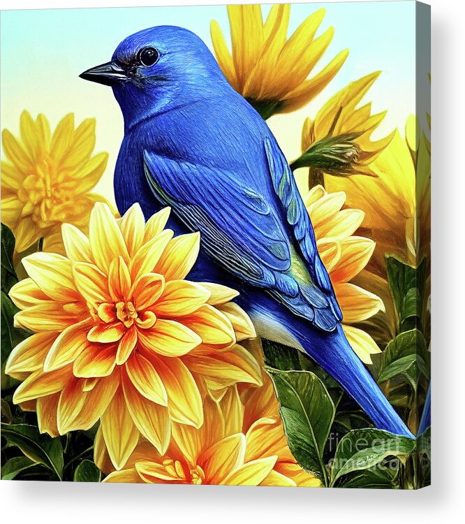 Eastern Bluebird Acrylic Print featuring the painting Bluebird In The Yellow Peonies by Tina LeCour