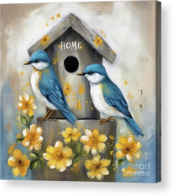 Bluebirds Acrylic Print featuring the painting Bluebirds At Home by Tina LeCour