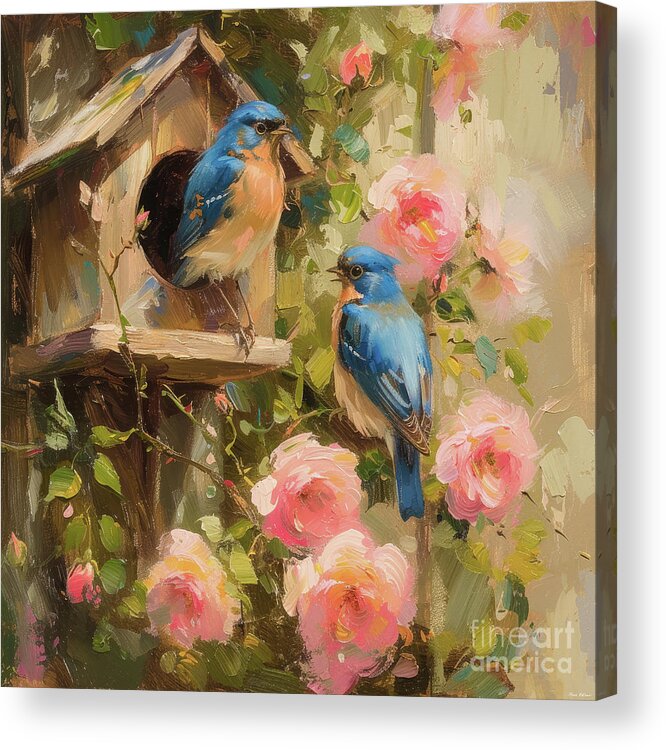 Bluebirds Acrylic Print featuring the painting Bluebirds At The Bird House by Tina LeCour