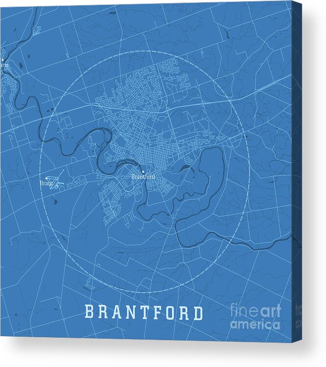 District Acrylic Print featuring the digital art Brantford ON City Vector Road Map Blue Text by Frank Ramspott