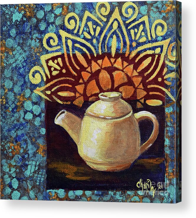 Teapot Print Acrylic Print featuring the mixed media Bright Morning Teapot by Cheri Wollenberg