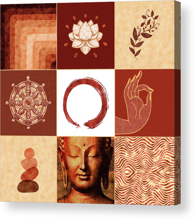 Buddha Acrylic Print featuring the mixed media Buddha Grid 01 - Spiritual Collage by Studio Grafiikka