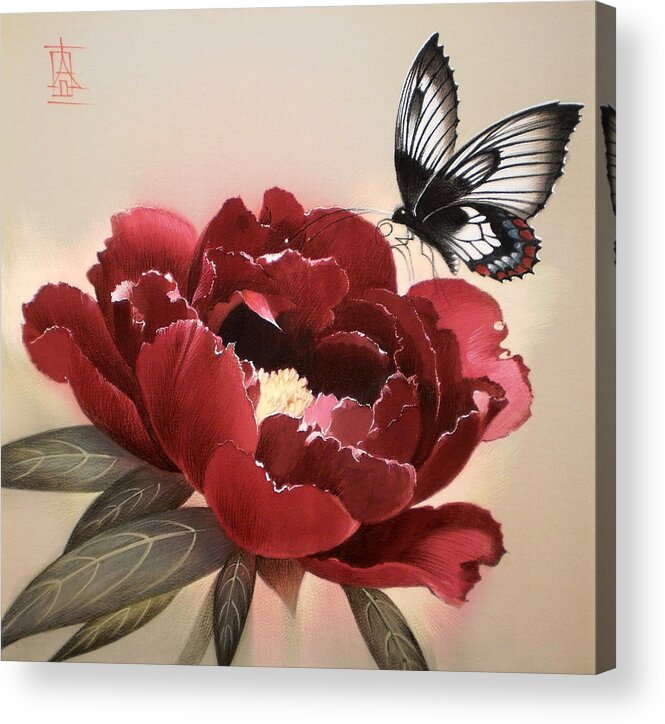 Russian Artists New Wave Acrylic Print featuring the painting Butterfly Landing on Peony Flower by Alina Oseeva