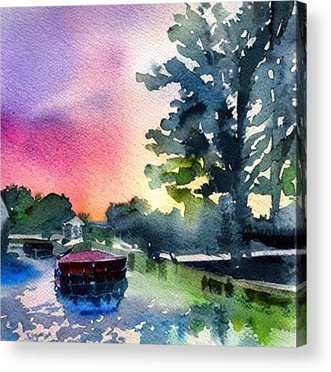 Waterloo Village Acrylic Print featuring the painting Canal Boat at Waterloo Village, Morris Canal, Sunset by Christopher Lotito