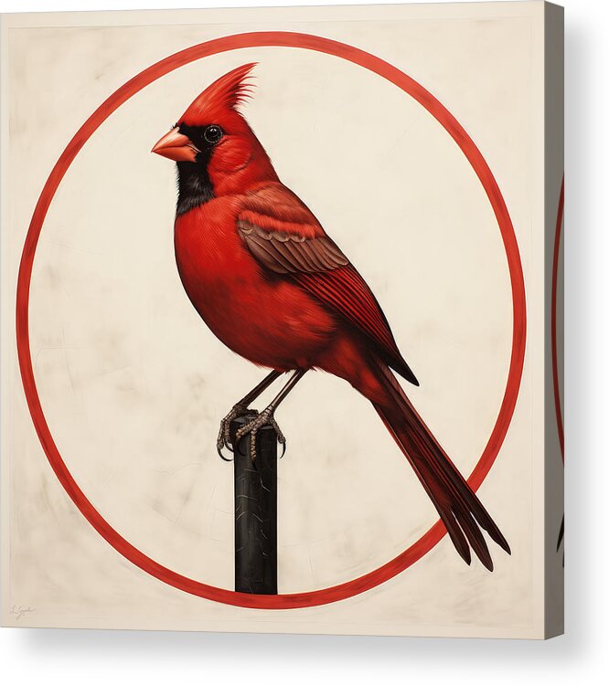 Red Cardinal Acrylic Print featuring the painting Cardinal's Crimson Halo by Lourry Legarde